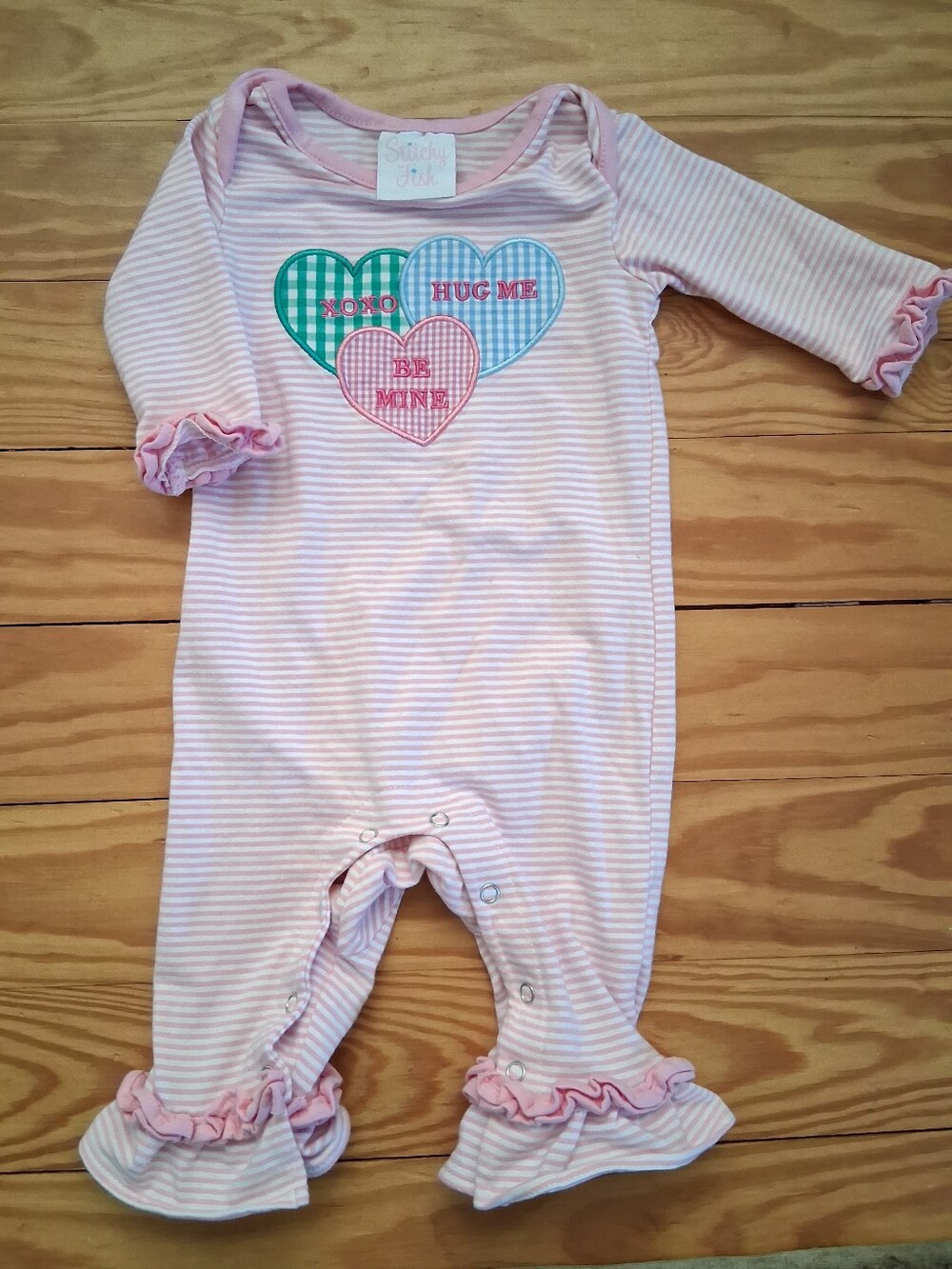 Stitchy Fish Pink Stripe Ruffle Baby One-Piece - Be Mine Heart Appliqué
